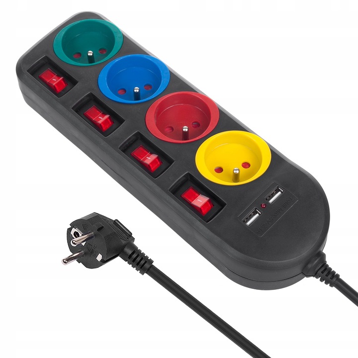 Prelungitor electric Maclean MCE229 B, 4 prize cu impamantare, 2 porturi USB 5V 2.1A, intrerupatoare individuale, protectie pentru copii, Multicolor, 1,5 m