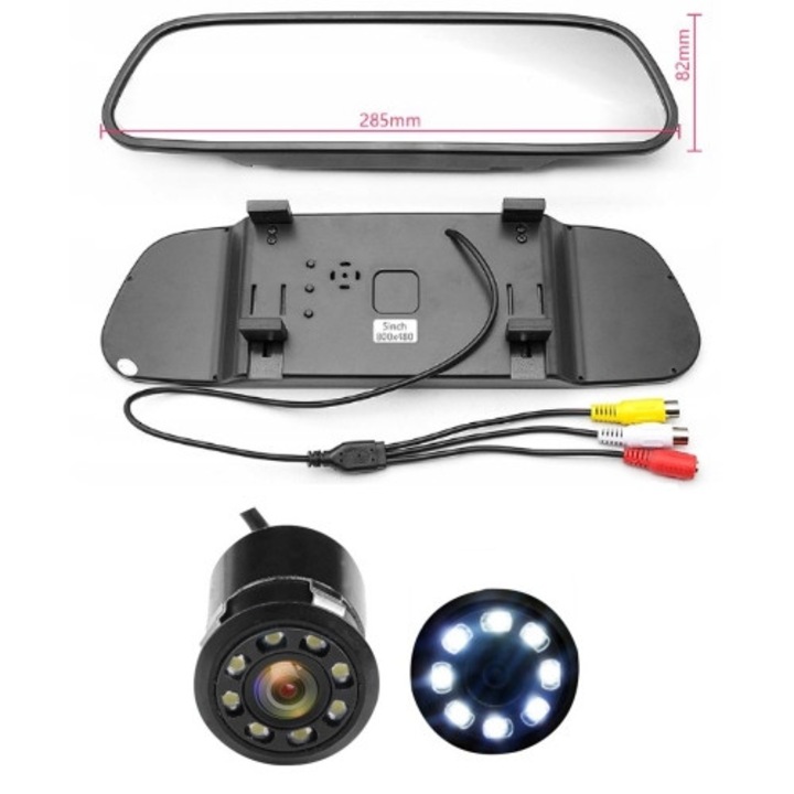 Kopier 5'' visszapillantó tükör monitor mini 8 LED tolatókamerával, 5'' TFT LCD monitor 800x480, kamera 720x540 520 tvl, IP67/IP68 170° éjjellátó, Fekete, 1 szett