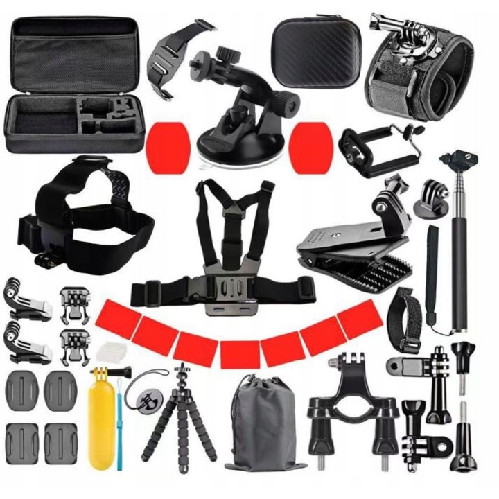 Комплект аксесоари 50 в 1 за спортни камери, съвместим с GoPro Hero 13 12 11, стойки, колани, черен, 34x23x7см