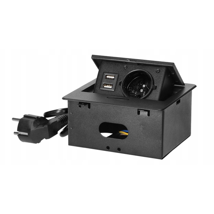Вграден контакт Orno OR-GM-9029/B, 1x контакт тип E 230V, 2x USB 5V 2,1A, кабел 1,5 м, черен