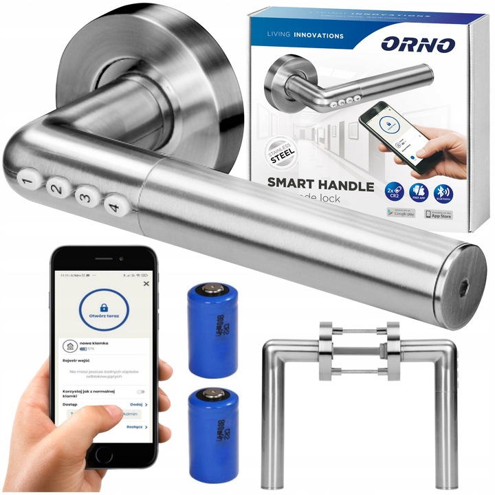 Maner usa electronic, incuietoare cu cifru Orno OR-ZS-850, deschidere PIN si Bluetooth (aplicatie), alimentare 2xCR2, IP44, otel inoxidabil, pentru usi 38-58 mm