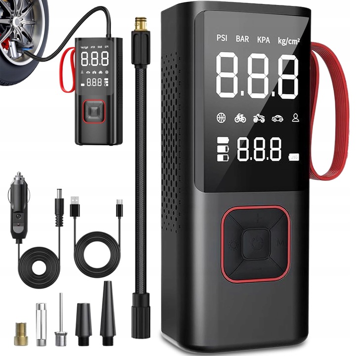 Преносима електрическа помпа/безжичен компресор, powerbank 6000mAh, LCD дисплей с автоматично изключване, 150 PSI, черен