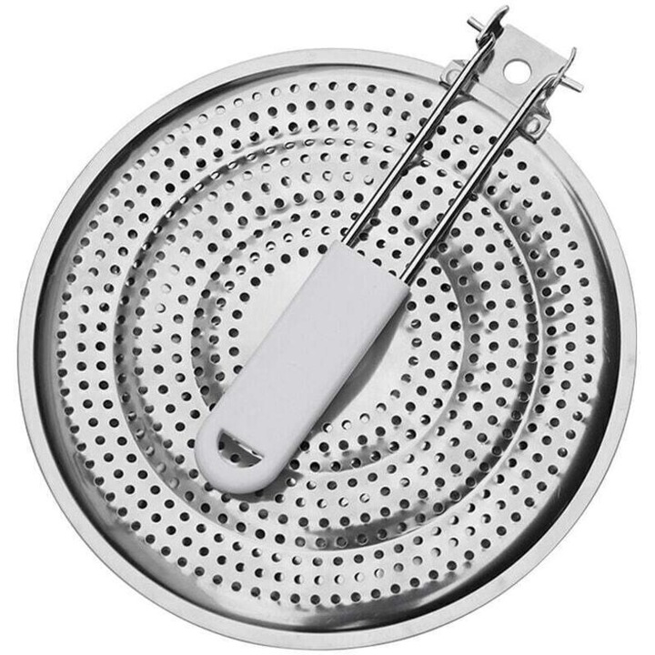 Difuzor de caldura pentru plita pe gaz, otel inoxidabil, diametru 21 cm, perforat pentru distributie uniforma a caldurii, argintiu, 1 buc