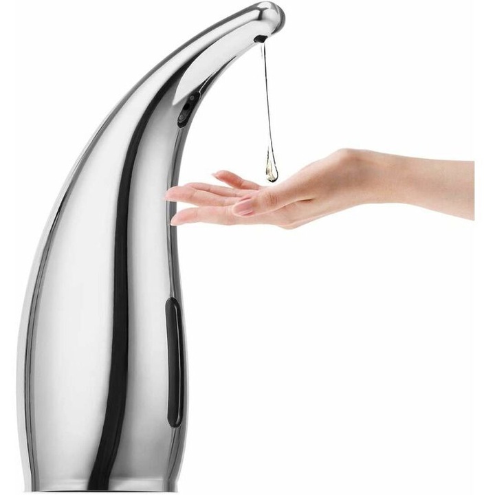 Dozator sapun automat fara atingere cu senzor infrarosu, IPX6, pe baterii AAA, fereastra nivel lichid, Argintiu, 300ml