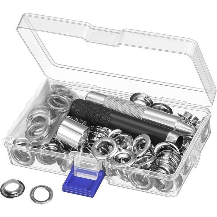 Kit ochiuri metalice grommets, set capse 12 mm (1/2 inch), cupronichel galvanizat, include perforator, mandrina si cutie de depozitare, argintiu, 100 seturi