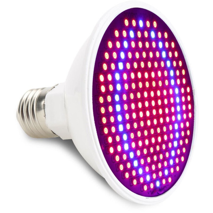 Bec LED pentru plante / lampa grow E27 20W, spectru complet 200 LED, 800-850 lm, alb, 1 buc