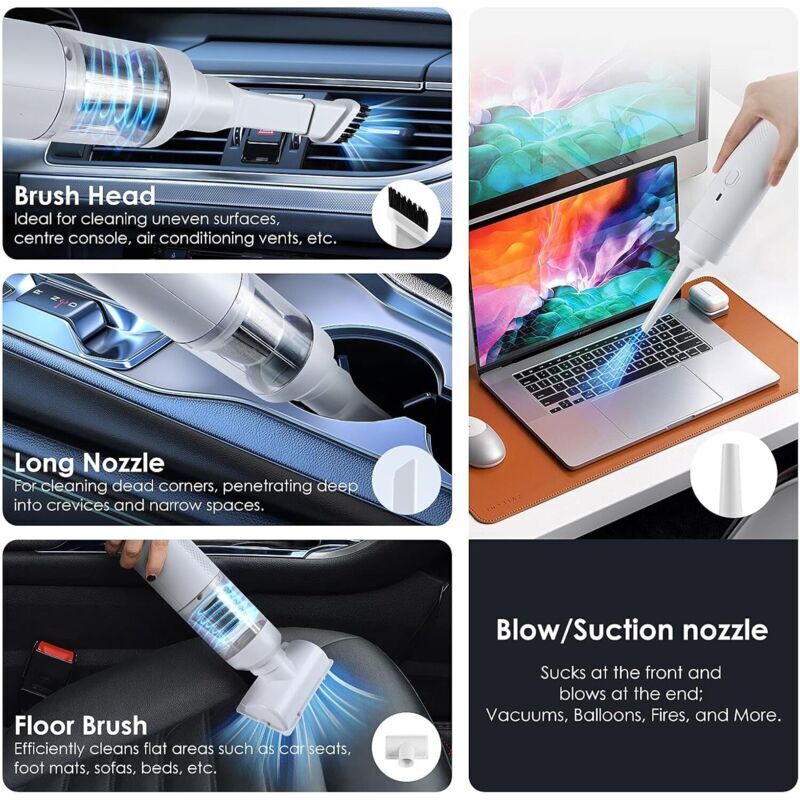 Aspirator portabil fara fir, 19.000 Pa, reincarcabil 3-in-1 cu autonomie 25 min, incarcare USB-C, accesorii perie si duze, Alb, 1 buc