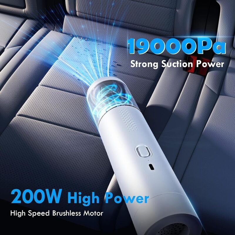 Aspirator portabil fara fir, 19.000 Pa, reincarcabil 3-in-1 cu autonomie 25 min, incarcare USB-C, accesorii perie si duze, Alb, 1 buc