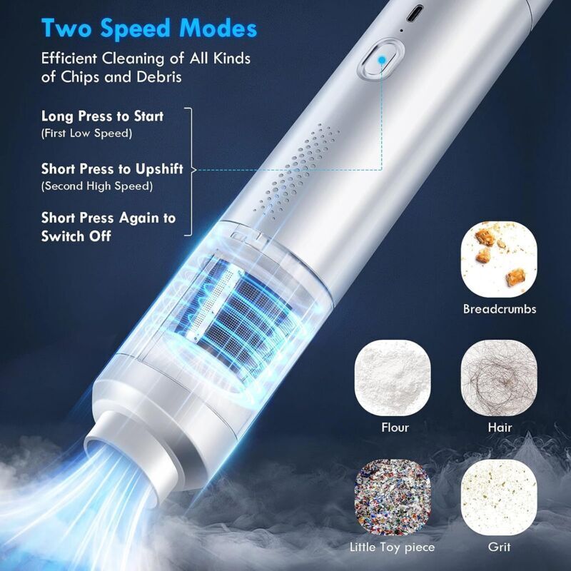 Aspirator portabil fara fir, 19.000 Pa, reincarcabil 3-in-1 cu autonomie 25 min, incarcare USB-C, accesorii perie si duze, Alb, 1 buc