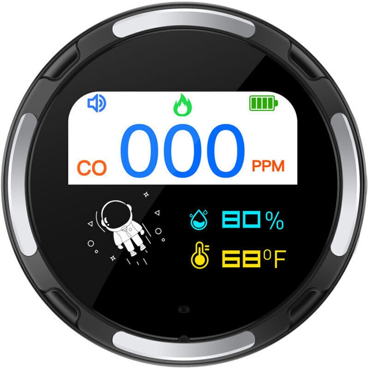 Detector portabil de monoxid de carbon, ecran IPS 2.1-inch 240x296, senzor electrochimic, masurare temperatura si umiditate, alarma sonora si vizuala, IP65, baterie 1000mAh cu incarcare Type-C, Negru/Alb, 63.3x63.3x20 mm