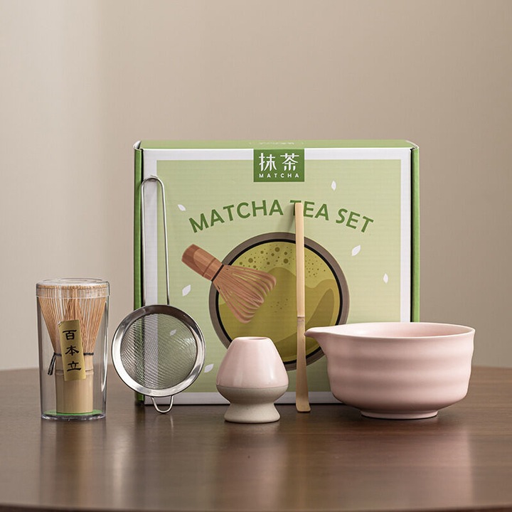 Set 5 piese matcha, set pentru ceai matcha, cu tel din bambus (76 fire), lingura din bambus, bol ceramic cu cioc 500 ml, suport tel ceramic, sita din otel inoxidabil, Multicolor