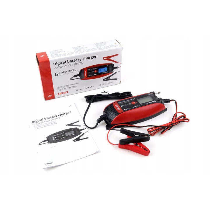 Incarcator de acumulator Amio DBC-4A, digital cu microprocesor, 6V/12V 2A/4A, IP65, pentru baterii AGM/GEL/Ca-Ca, quad/motocicleta/scuter, rosu/negru
