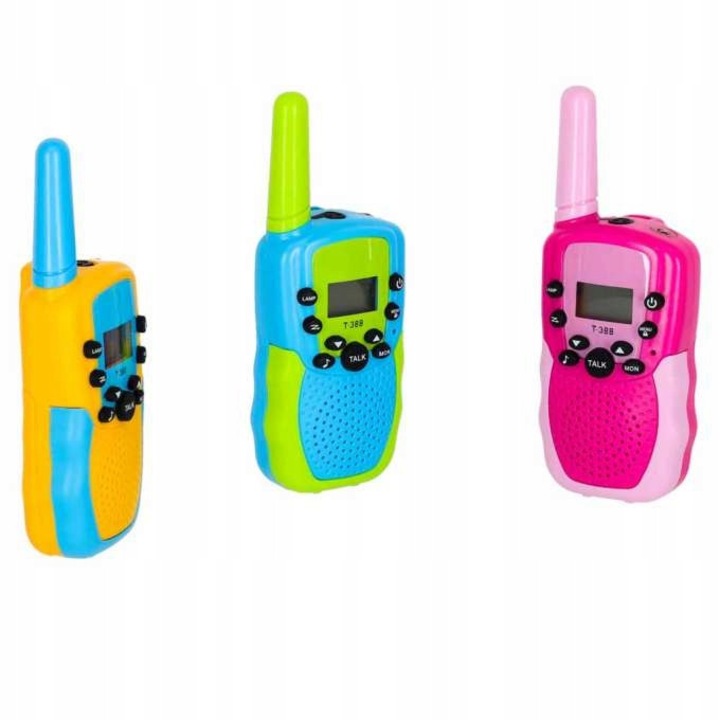 Set 3 walkie-talkie Ikonka, pentru copii, cu functie apasa si vorbeste, alarma apel si reducere zgomot, ergonomice, greutate 90 g, canale multiple, Multicolor