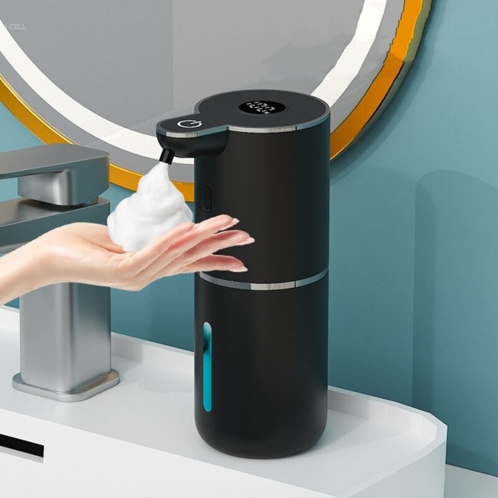 Automata szappanadagoló digitális kijelzővel, 380ml kapacitás, fekete, 1200mAh, falra szerelhető
