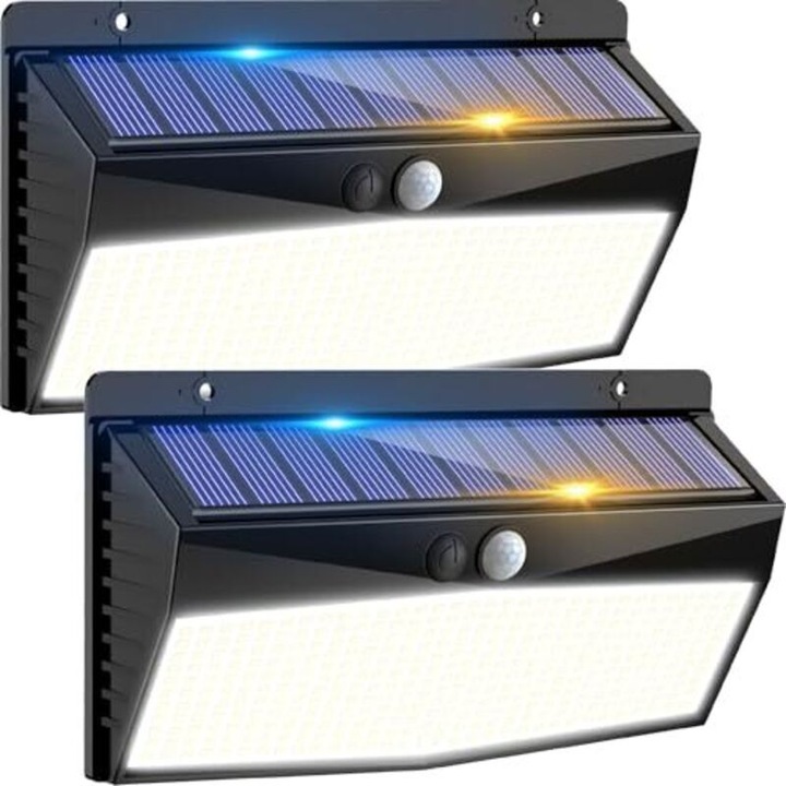 Комплект 2 соларни лампи за външно осветление, 368 LED, сензор за движение, 3 режима, топла бяла светлина, IP65