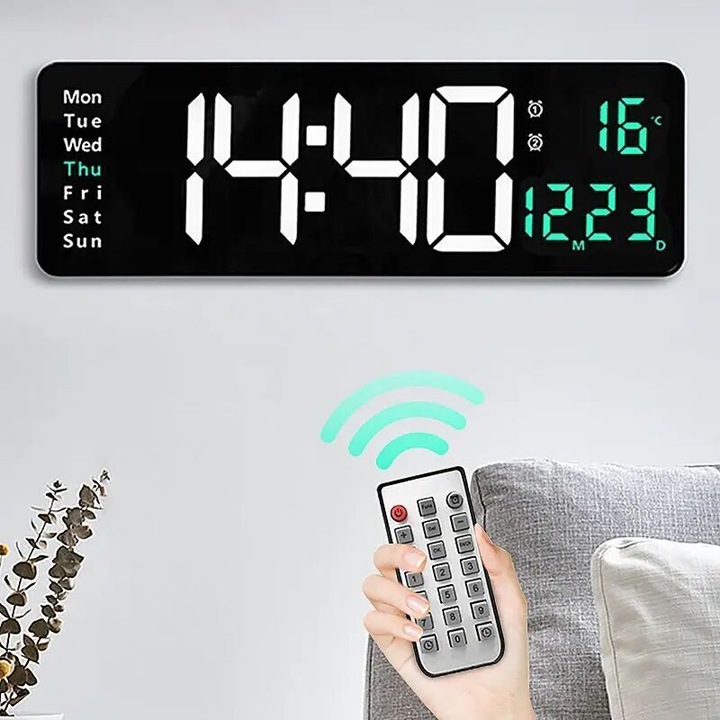 Digitális fali/asztali óra, nagy LED kijelzővel, távirányítóval, óra, dátum és hőmérséklet kijelzéssel, időzítő/visszaszámláló funkcióval, áramszünet memória funkcióval, két ébresztővel, USB-vel, fekete, 38.7x3.2x13 cm, 1 db
