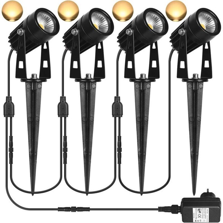 Proiector/spot LED exterior, 3W per lampa, 3000K alb cald, 360 lm per lampa (1440 lm total), IP65 (cablu IP68), adaptor 12V inclus, negru, 4 buc
