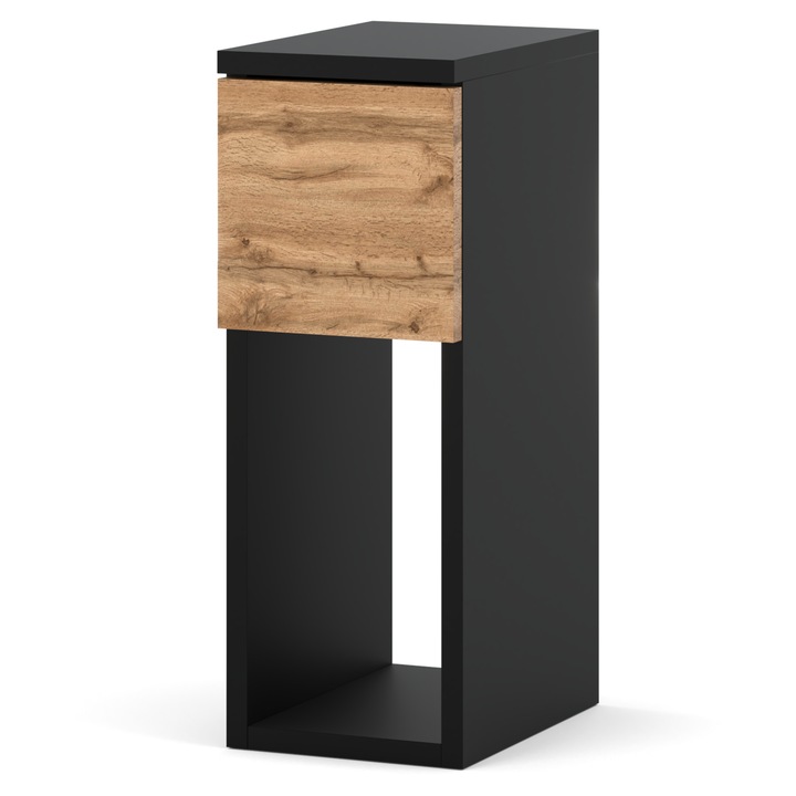 Éjjeli szekrény Wotan keskeny, 20 cm széles, 16 mm-es laminált lapból, 1 fiókkal, matt felület, fekete/tölgy, 20x30x55 cm