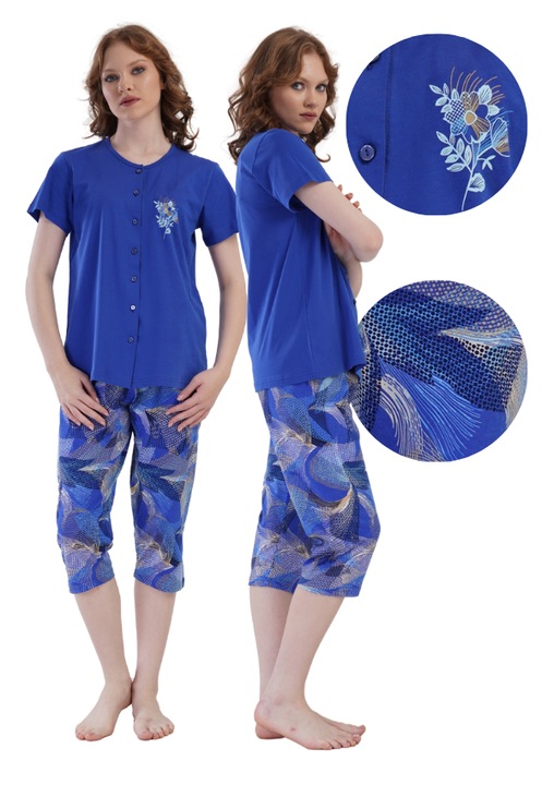 Női pizsama, Vienetta, pamut, rövid ujjú, 3/4-es nadrág, kék, 2XL INTL