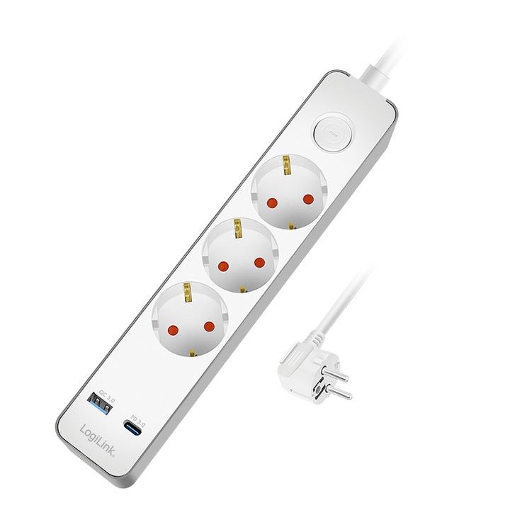 Prelungitor LogiLink, 3 prize Schuko, USB-C PD 20W si USB-A QC 18W, protectie la suprasarcina si protectie pentru copii, Alb, cablu 1,4 m, max 3600 W