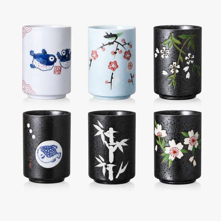 6 cani de ceai din ceramica japoneza 290 ml, cesti de ceai pictate manual cu model Sakura, fara maner, cani in stil japonez pentru ceai, cafea, suc – Ideale pentru casa, restaurant si cadouri, Alb, Negru, WALALLA