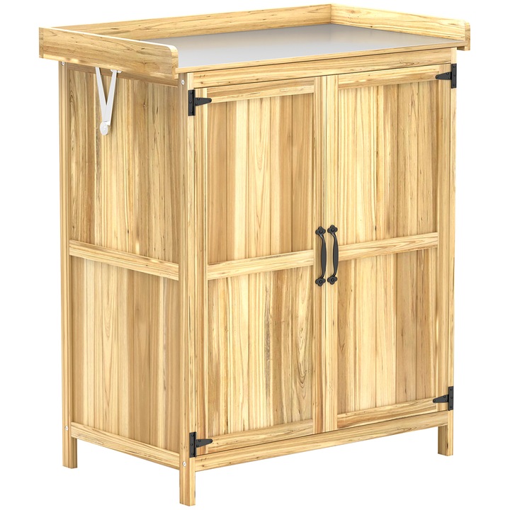 Cutie de depozitare pentru exterior, Outsunny, Lemn de brad, Otel, 74 x 43 x 88 cm, Culoare Lemn Natural