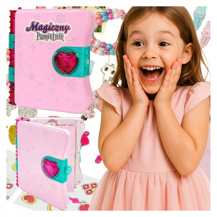 Jurnal magic cu seif si accesorii pentru fete roz 19x16.5x4cm set creativ