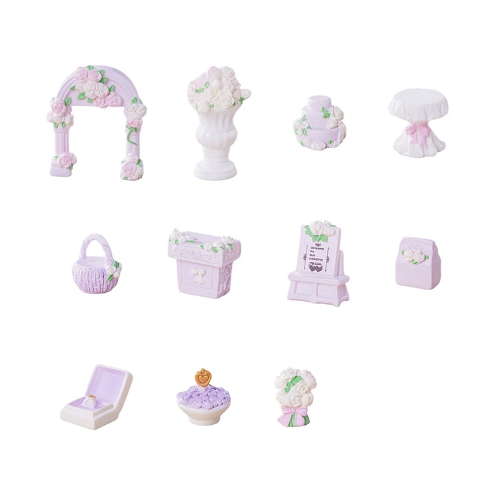 Babaház kiegészítő készlet Esküvői jelenet, miniatűr gyanta bútorok, esküvői dekorációhoz, lila, 11 darab