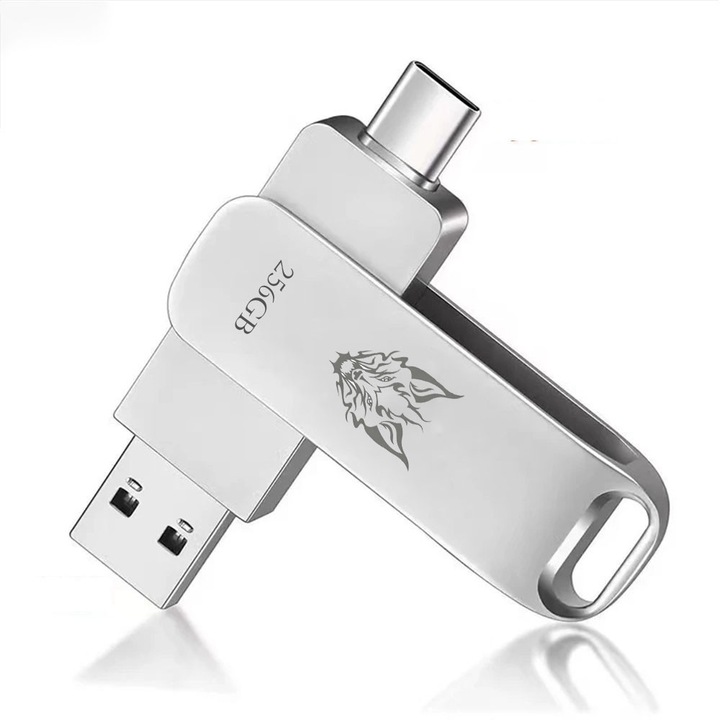 Memorie USB 256GB, Dual USB-C/USB-A, USB 3.0 Gen 1, viteza citire 100MB/s scriere 60MB/s, carcasa metalica cu orificiu pentru breloc, plug and play, Argintiu