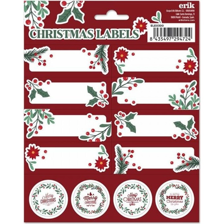 Etichete autocolante Erik Merry Christmas, hartie autocolanta lucioasa 80 g, 16 etichete (2 foi x 8) cu modele diferite, Multicolor, 5 bucati