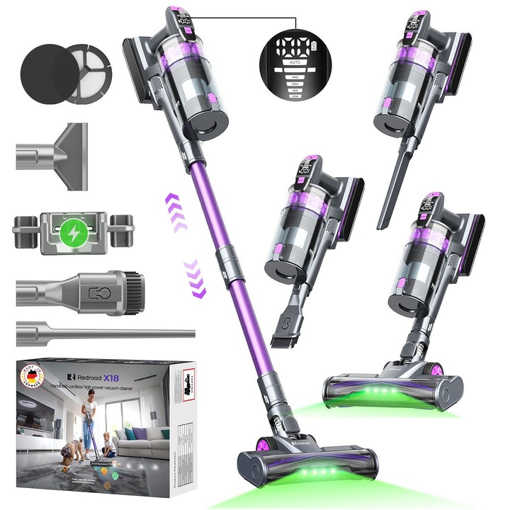 REDKEY X18 Vezeték Nélküli Álló Porszívó, 80Kpa, 600 W, 1.6L, 65 perc, V-alakú Kócolódásgátló Kefe LED-ekkel, LED Kijelző, HEPA H13 Nagy Hatékonyságú Szűrő, Intelligens Automatikus Üzemmód, Kemény Padlókhoz és Kisállatszőrhöz, Lila