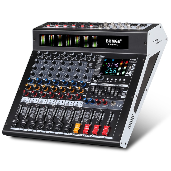 Mixer audio digital Profesional 8 canale BOMGE RX-8 PRO, 256 efecte DSP, Bluetooth, USB, alimentare 48V, XLR out, Inerface audio, Placa de sunet, EQ 7 benzi, Potrivit pentru petreceri profesionale de inregistrare, PC Inregistrare, DJ, KTV si scena, Negru