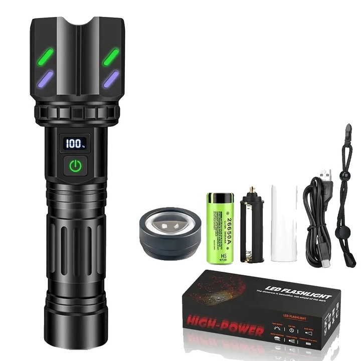 LED lámpa / Zseblámpa, vízálló, állítható zoom, 30W, alumínium, fekete, 1 szett