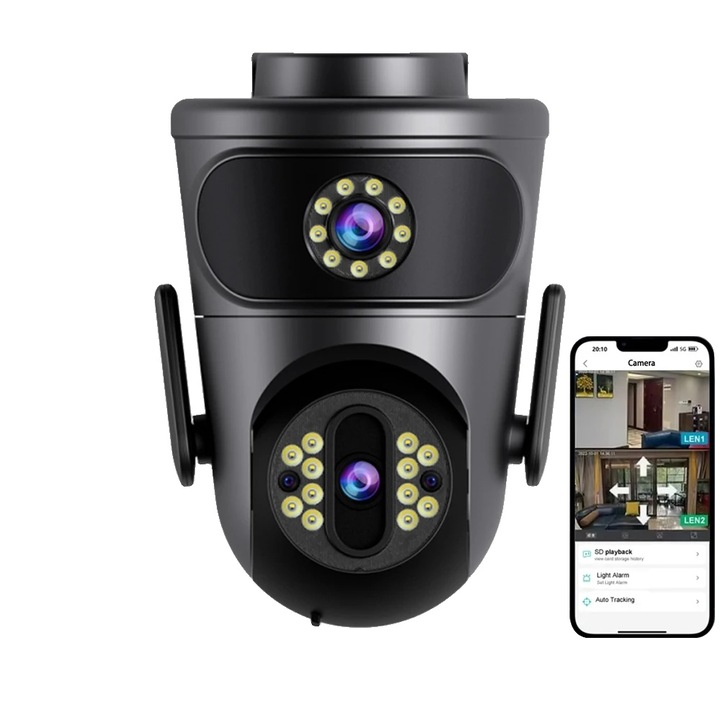 Камера за наблюдение с двоен обектив 8MP, безжична, устойчива, IP66, 360° видимост, двупосочно аудио