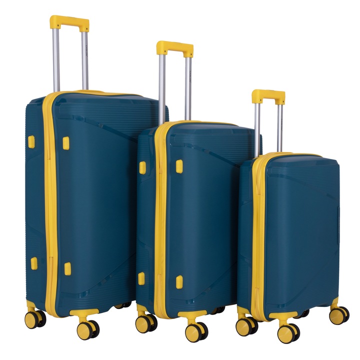 Set 3 Trolere Polipropilena special flexibil anti-casabil, Marime Mare/L 75X45X28 cm, Mediu/M, 65X40X24 cm, Mic/S, 55x36x20 cm, 4 roti duble cu rotatie 360°, Albastru multicolor, 170, CASLON ®
