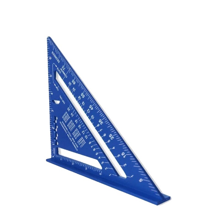 Rigla triunghiulara (echer) 7 inch, din aliaj de aluminiu, multifunctionala (raportor, trasor, ghid pentru ferastrau), scara metrica si inch, albastru