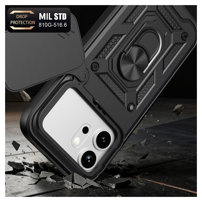 Husa Spate Upzz® Camshield Compatibila Cu HONOR 600 PRO, Protectie La Camere, Inel Metalic, Stand - Negru