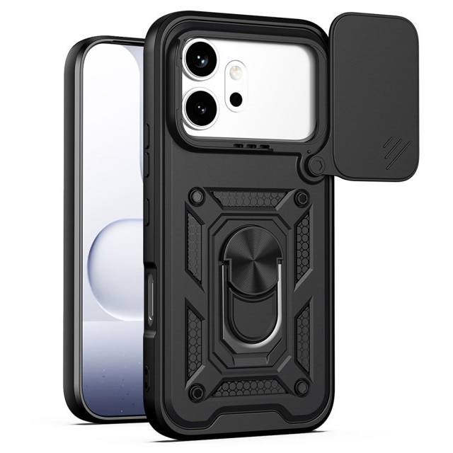 Husa Spate Upzz® Camshield Compatibila Cu HONOR 600 PRO, Protectie La Camere, Inel Metalic, Stand - Negru