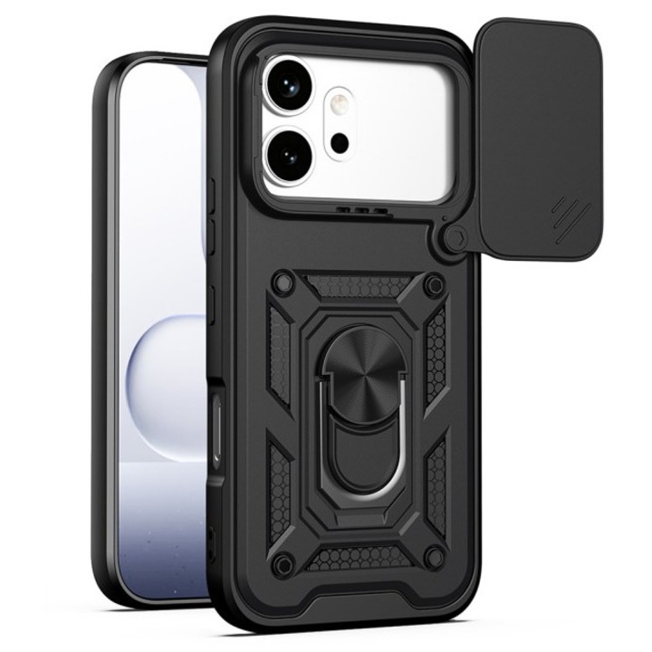 Husa Spate Upzz® Camshield Compatibila Cu HONOR 600 PRO, Protectie La Camere, Inel Metalic, Stand - Negru