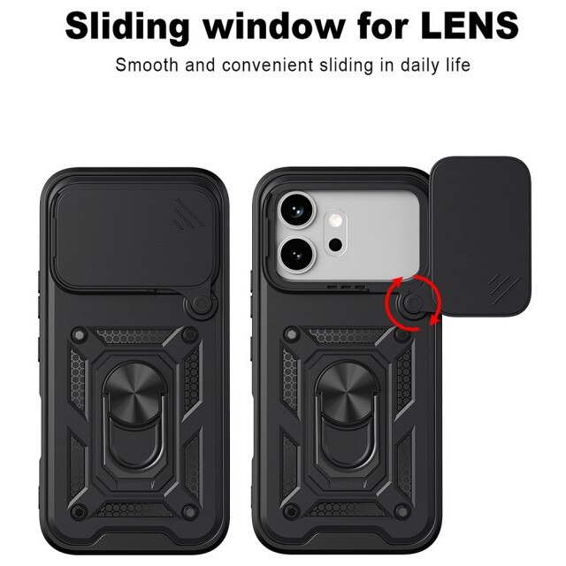 Husa Spate Upzz® Camshield Compatibila Cu HONOR 600 PRO, Protectie La Camere, Inel Metalic, Stand - Negru