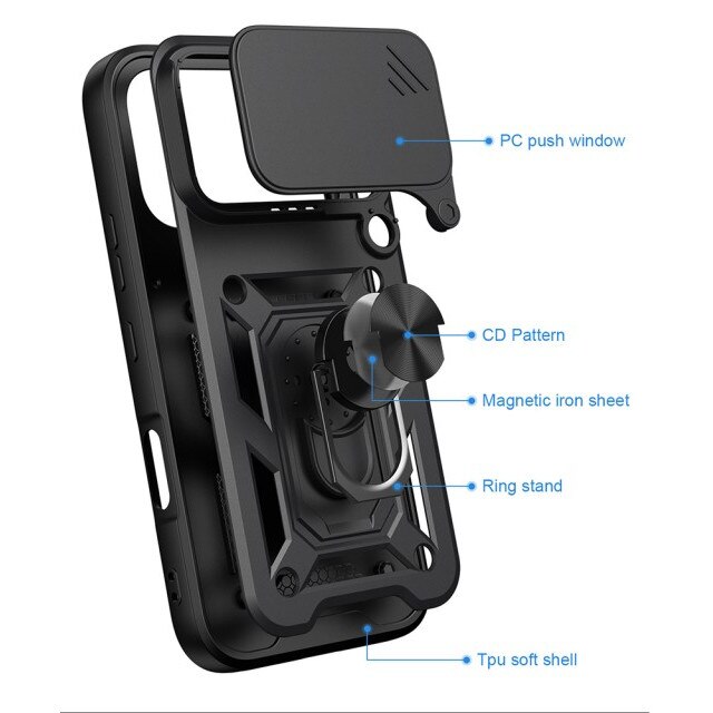 Husa Spate Upzz® Camshield Compatibila Cu HONOR 600 PRO, Protectie La Camere, Inel Metalic, Stand - Negru