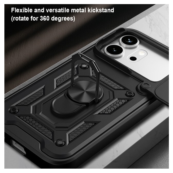 Husa Spate Upzz® Camshield Compatibila Cu HONOR 600 PRO, Protectie La Camere, Inel Metalic, Stand - Negru