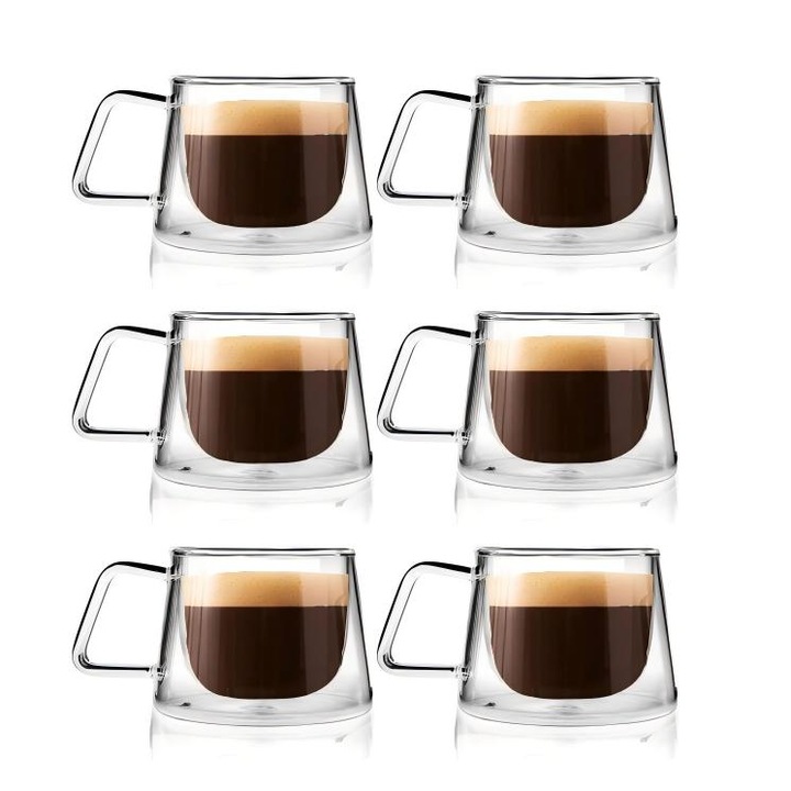 Set 6 Cani sticla borosilicata Omelivon, dubla izolare, transparent, 200ml, 9.4x7.1cm