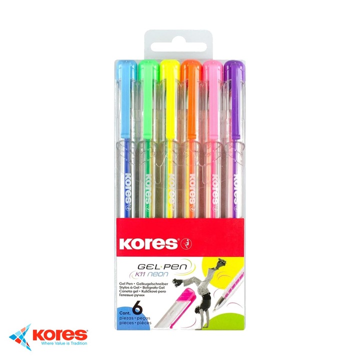 Set 6 pixuri cu gel Kores K11, culori neon, varf 0.4mm, forma ergonomica triunghiulara