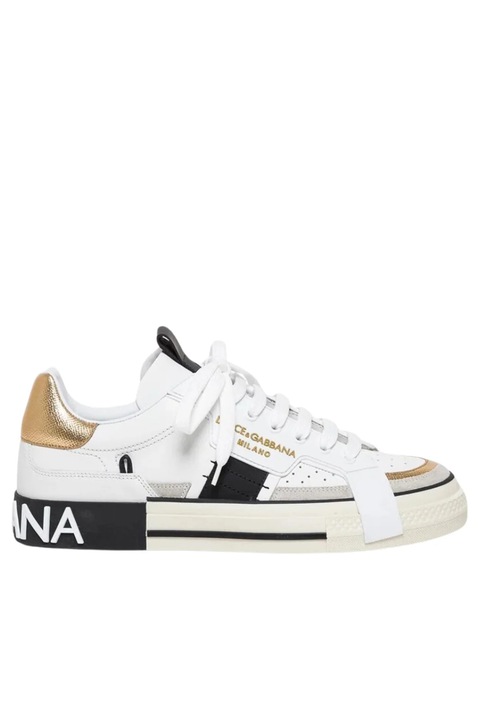 Dolce & Gabbana Portofino 2.Zero Lace-Up Sneakers White/Black/Gold for men, Alb/Auriu/Negru