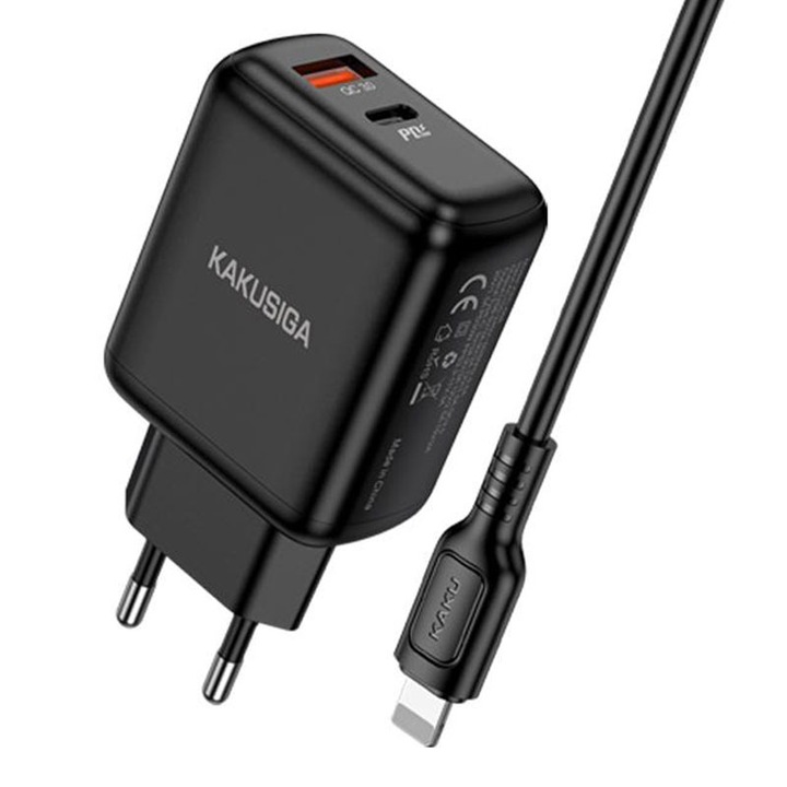 Set Incarcator retea si cablu de incarcare Lightning Kaku KSC-670, Incarcare rapida, 30W, 1xUSB-C, 1xUSB-A, PD, QC 3.0, Negru