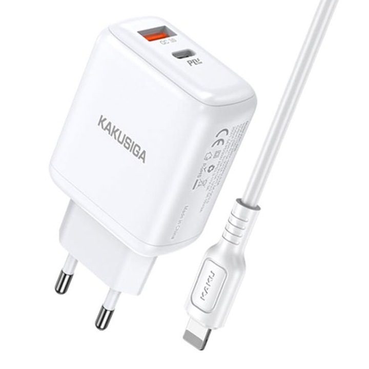 Set Incarcator retea si cablu de incarcare Lightning Kaku KSC-670, Incarcare rapida, 30W, 1xUSB-C, 1xUSB-A, PD, QC 3.0, Alb