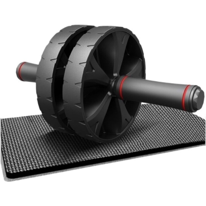 Roata abdominala (ab wheel) din otel si plastic, miez din otel, roata dubla, manere anti-alunecare, capacitate 500 lbs (≈227 kg), negru/rosu, Unica