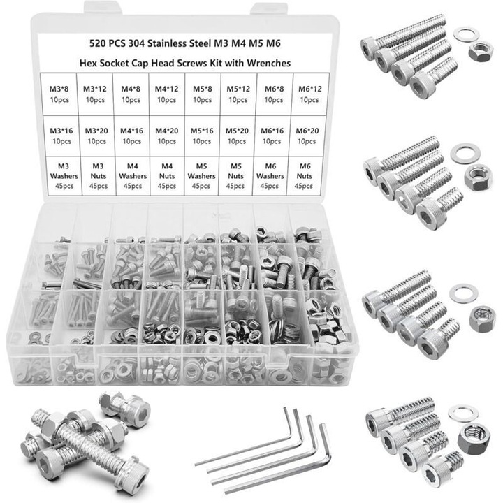 Set suruburi si piulite M3/M4/M5/M6, din otel inoxidabil 304, suruburi cu cap hexagonal imbus, lungimi 8/12/16/20 mm, include piulite si saibe, argintiu, 520 buc