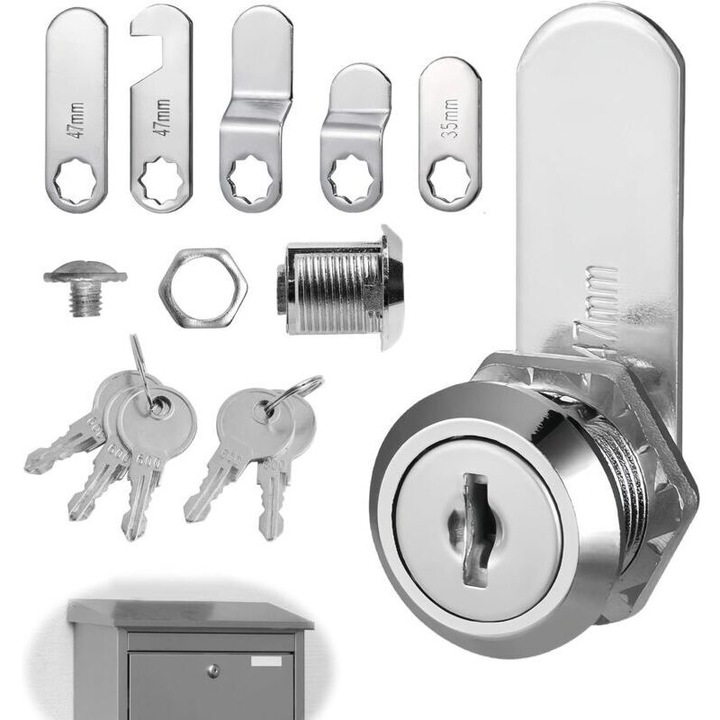 Incuietoare cam pentru cutii postale si dulapuri, corp din aliaj zinc cromat, 4 chei duble, 5 placute de blocare, compatibila cu grosime material pana la 12.5 mm, Argintiu, 1 buc